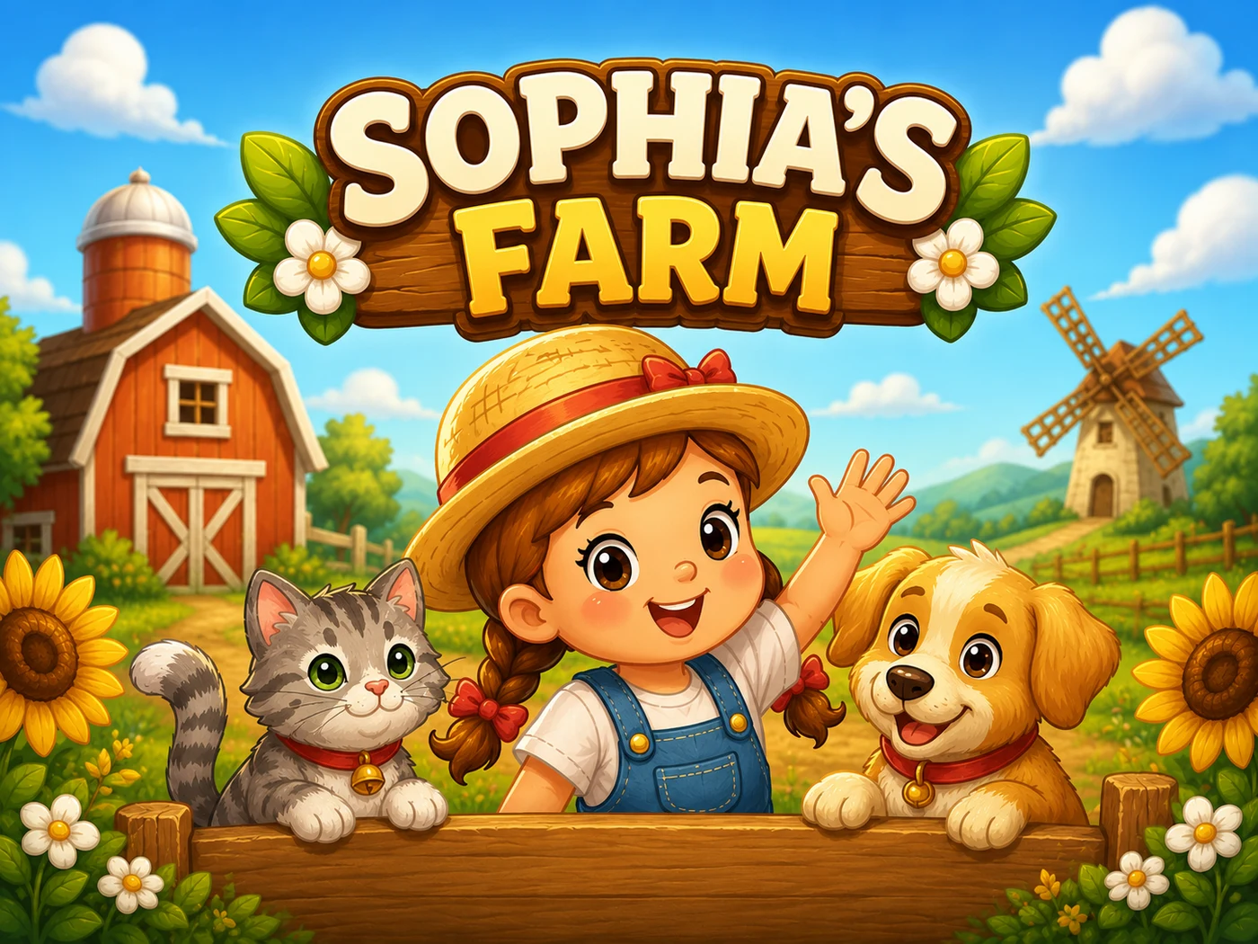 Sophia waves beside a friendly cat and dog at her sunny farm